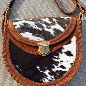 Brown & White Cowhide Leather Crossbody with Whipstitch Trim